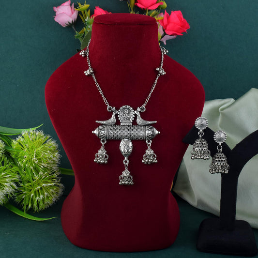 Fusion Style Silver Color Oxidised Necklace Set With Ethnic Contemporary Twist