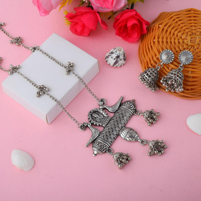 Fusion Style Silver Color Oxidised Necklace Set With Ethnic Contemporary Twist