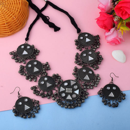 Elegant Layered Silver Color Oxidised Necklace Set For Statement Fashion Look