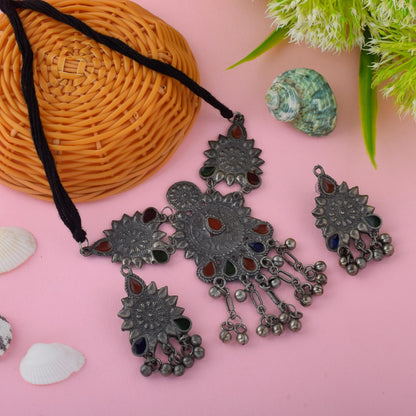 Multi Color Meena Work Oxidised Necklace Set For Vibrant Festive Dressing