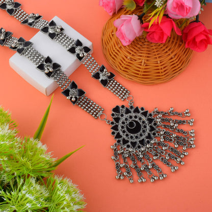 Bold Black Color Meena Work Oxidised Necklace Set For Traditional Functions