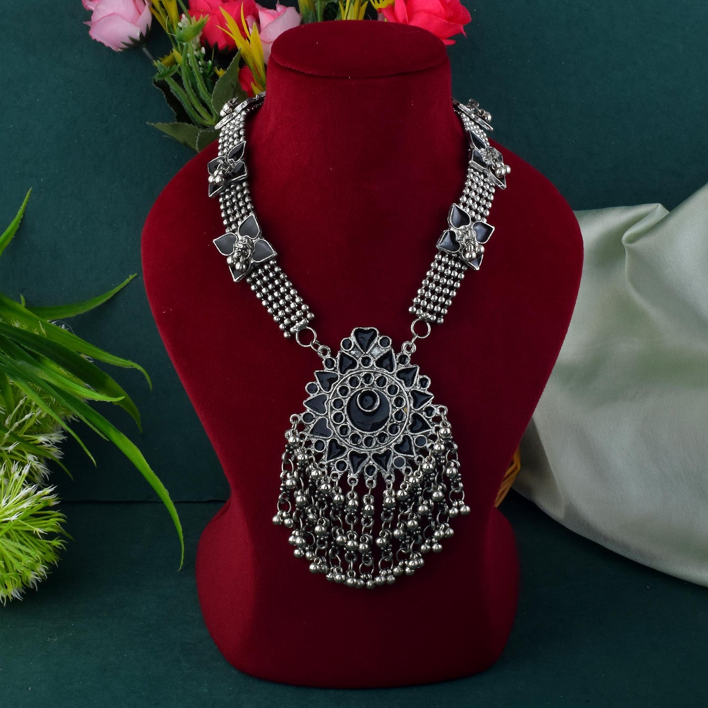 Bold Black Color Meena Work Oxidised Necklace Set For Traditional Functions