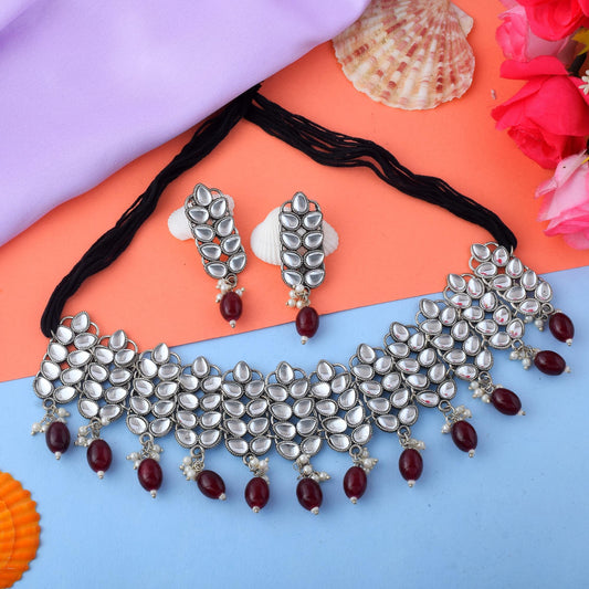 Artistic Maroon Color Oxidised Necklace Set With Handcrafted Meena Accents