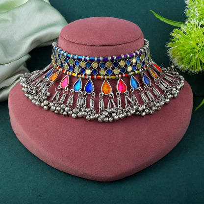 Hand-Painted Multi Color Meena Work Oxidised Necklace Set With Bright Hues