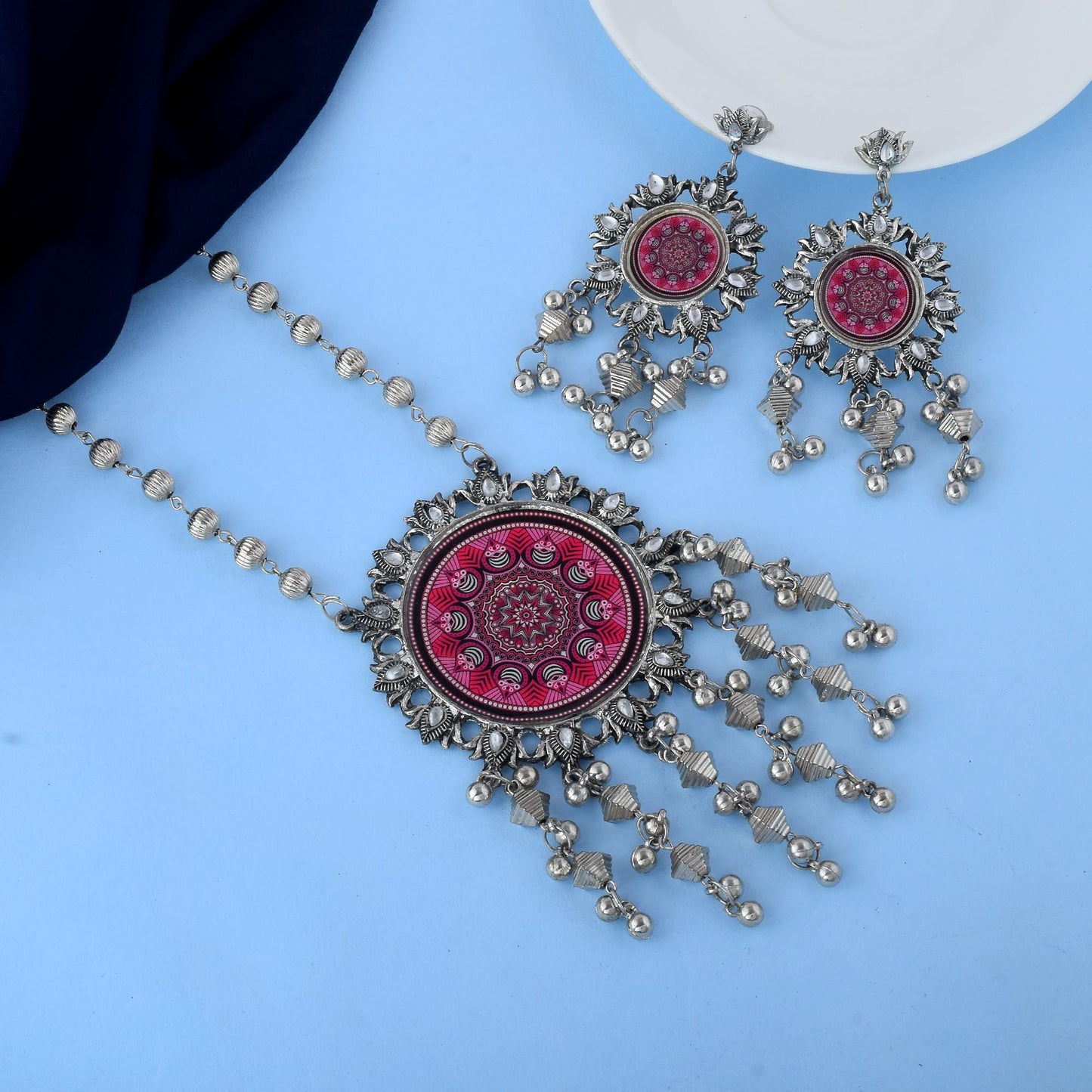 Royal Rani Color Meena Work Oxidiertes Halskettenset mit traditionellen Motiven