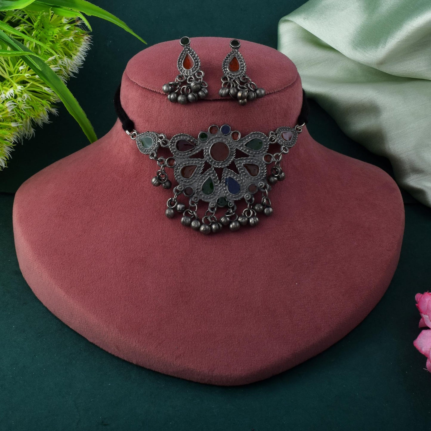 Classic Multi Color Meena Work Oxidised Necklace Set With Elegant Finishing