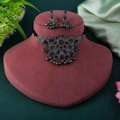 Classic Multi Color Meena Work Oxidised Necklace Set With Elegant Finishing