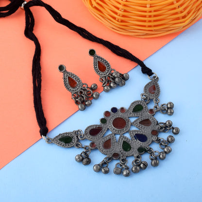 Classic Multi Color Meena Work Oxidised Necklace Set With Elegant Finishing