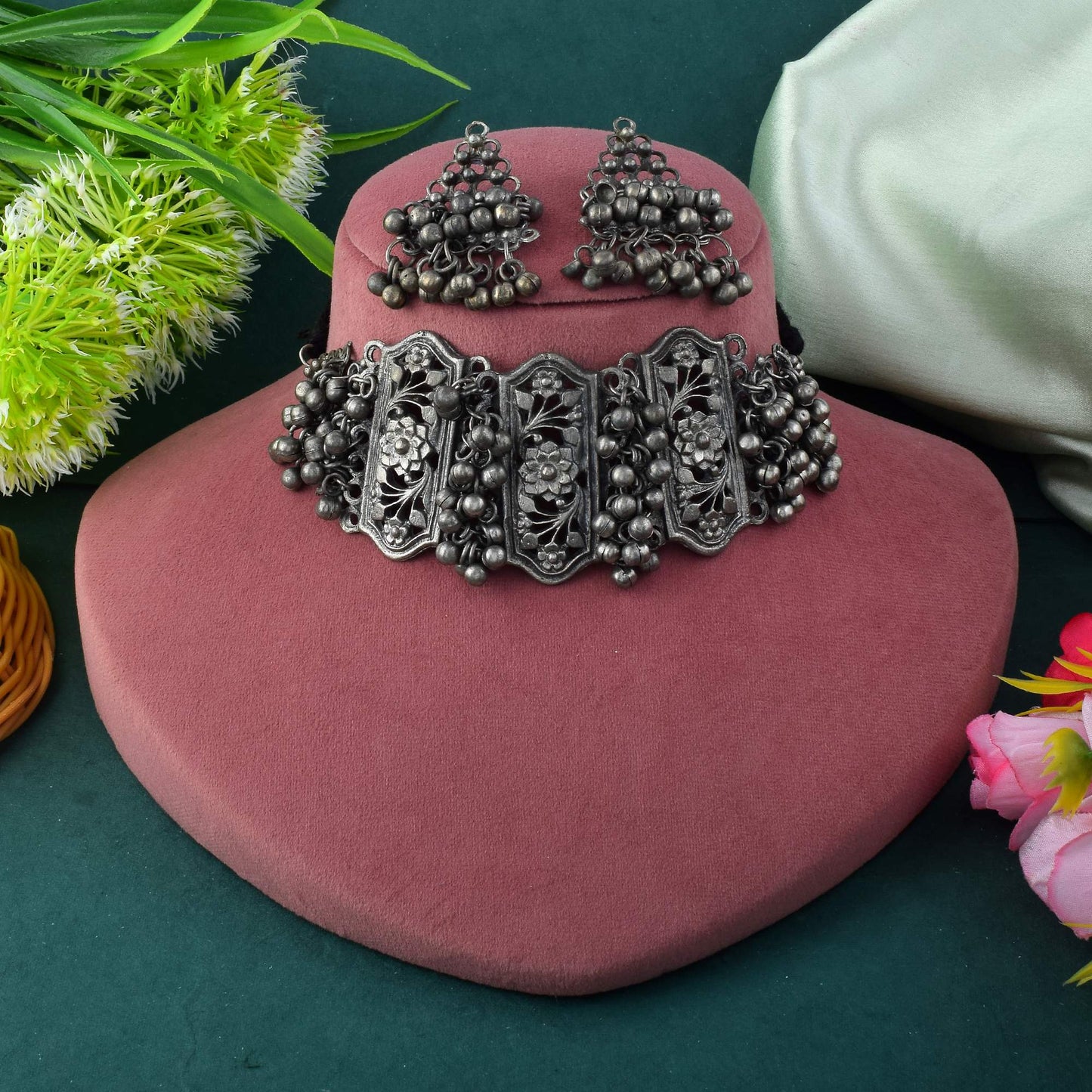 Graceful Silver Color Oxidised Necklace Set Featuring Royal Traditional Designs