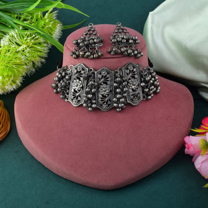 Graceful Silver Color Oxidised Necklace Set Featuring Royal Traditional Designs