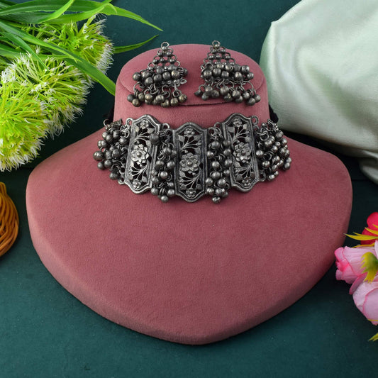 Graceful Silver Color Oxidised Necklace Set Featuring Royal Traditional Designs