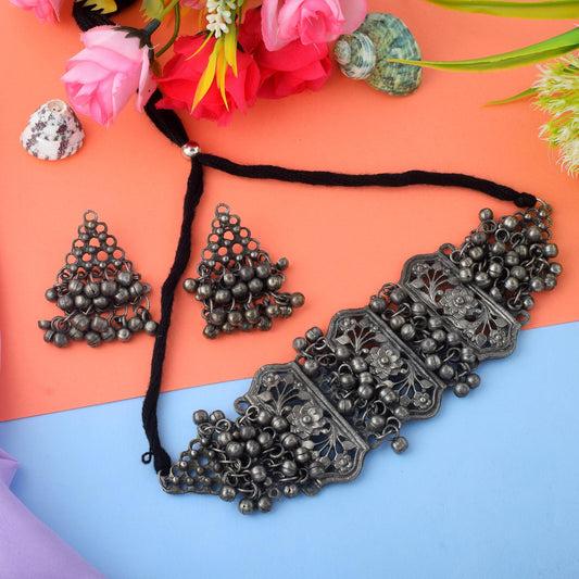 Graceful Silver Color Oxidised Necklace Set Featuring Royal Traditional Designs