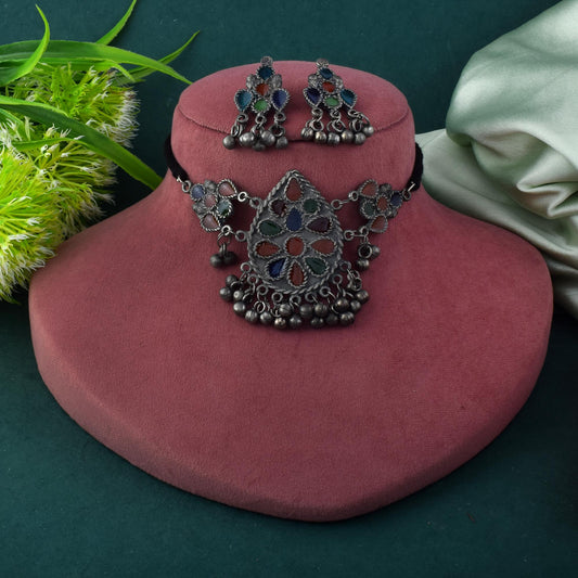 Traditional Multi Color Meena Work Oxidised Necklace Set With Intricate Crafting