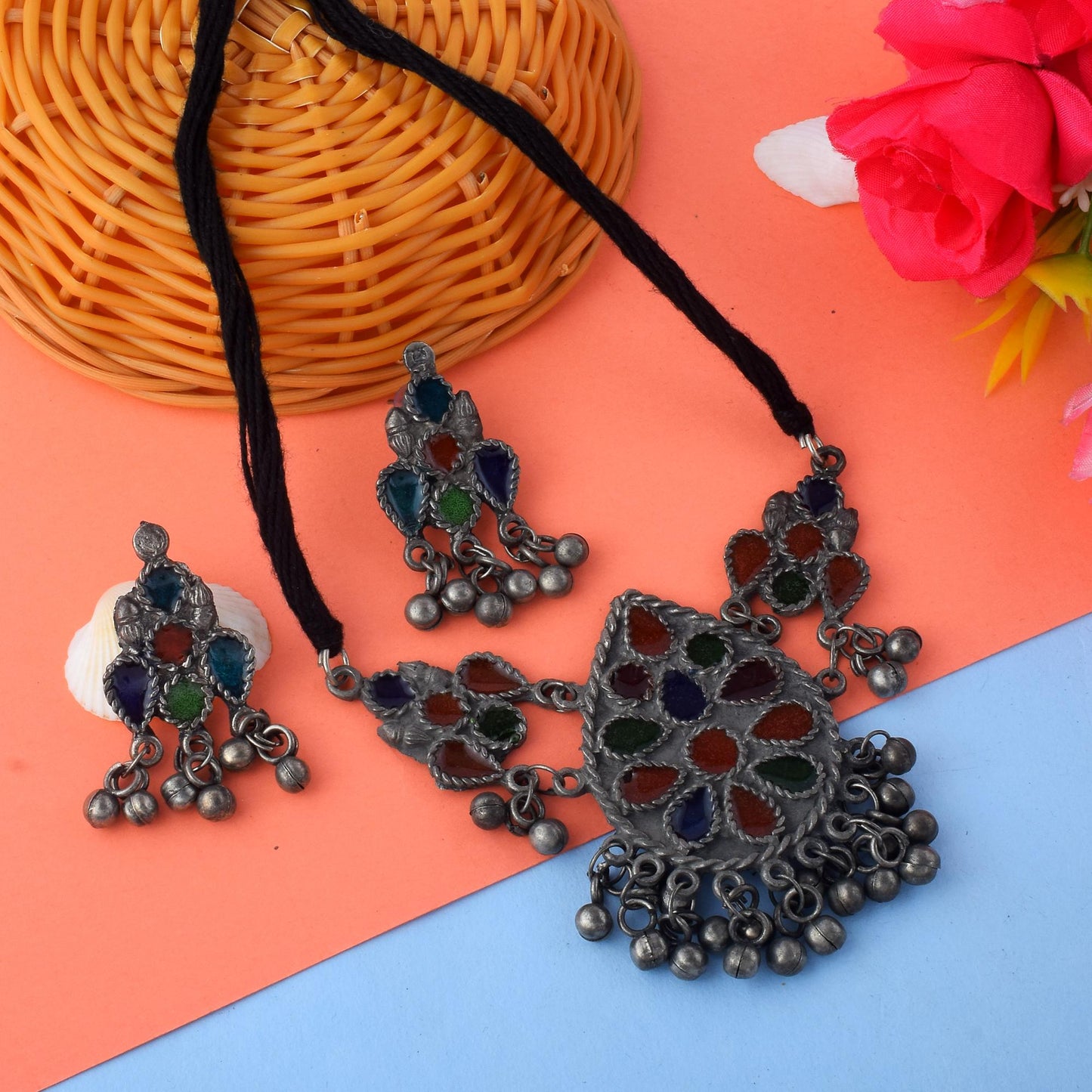Traditional Multi Color Meena Work Oxidised Necklace Set With Intricate Crafting