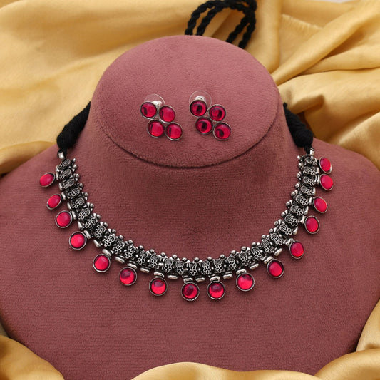 Gorgeous Rani Color Oxidised Necklace Set Crafted For Festivals, Parties, And Cultural Events