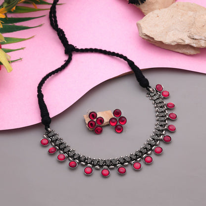 Gorgeous Rani Color Oxidised Necklace Set Crafted For Festivals, Parties, And Cultural Events