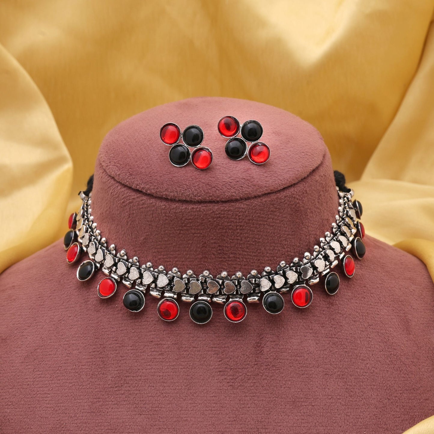Classic Red And Black Color Oxidised Necklace Set Perfect For Wedding And Party Looks