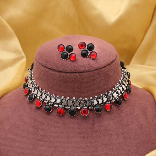 Classic Red And Black Color Oxidised Necklace Set Perfect For Wedding And Party Looks