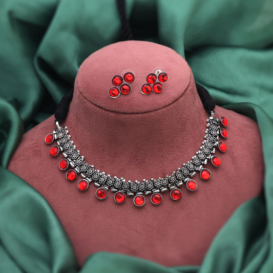 Attractive Red Color Oxidised Necklace Set Crafted For Bridal Jewelry And Festive Outfits