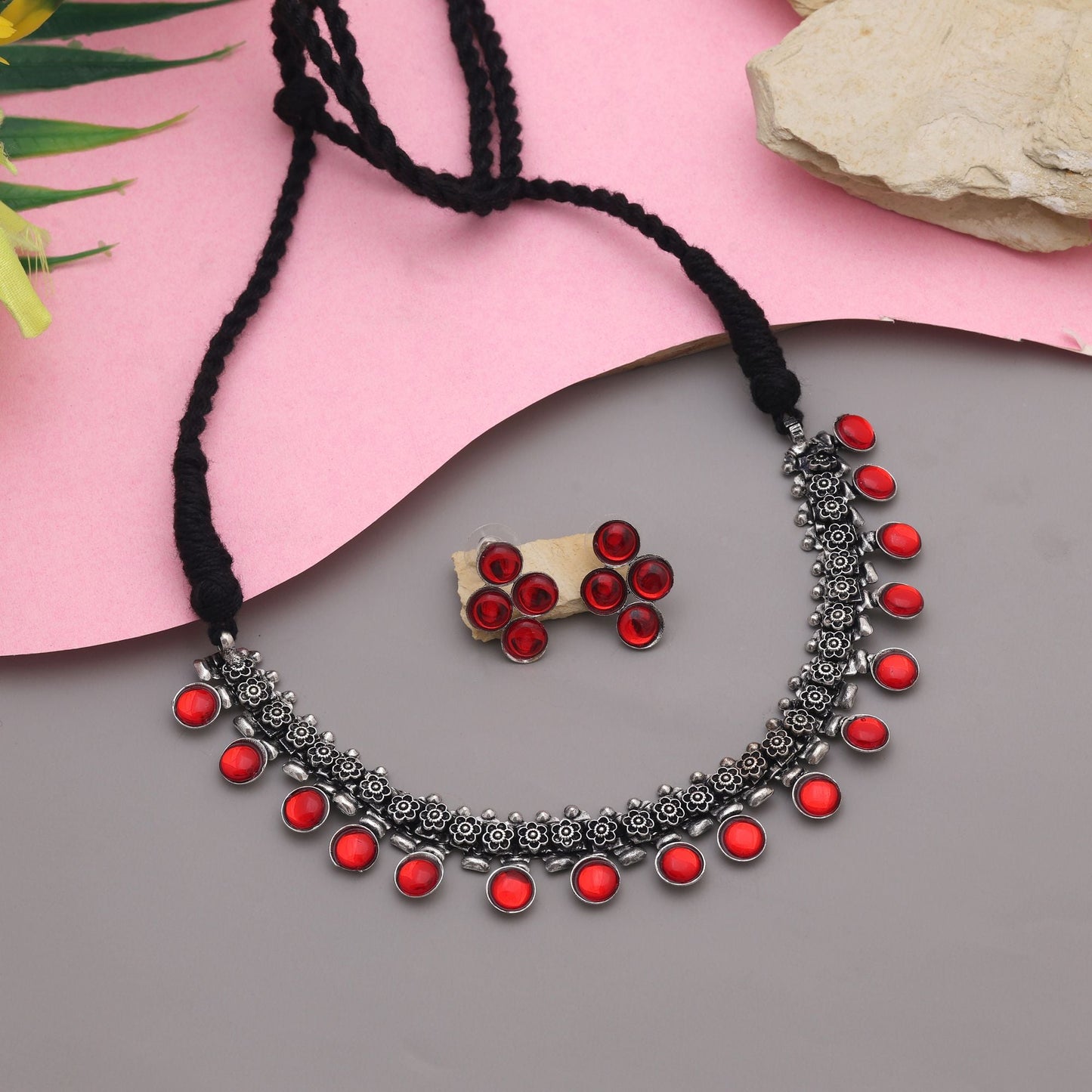 Attractive Red Color Oxidised Necklace Set Crafted For Bridal Jewelry And Festive Outfits