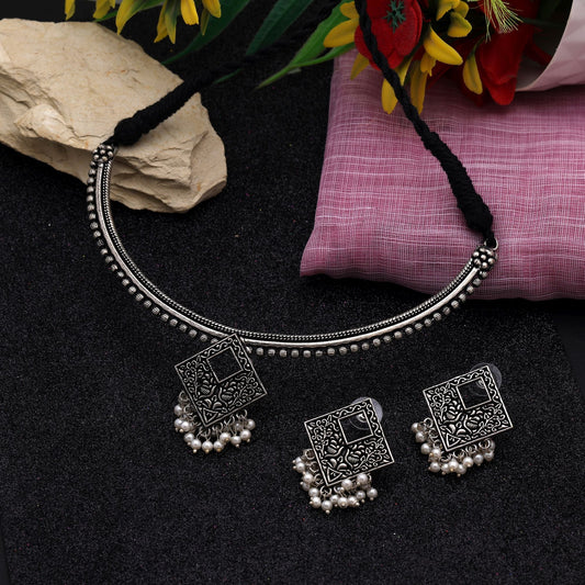 Elegant Silver Color Oxidised Necklace Set Designed For Daily Wear And Traditional Functions