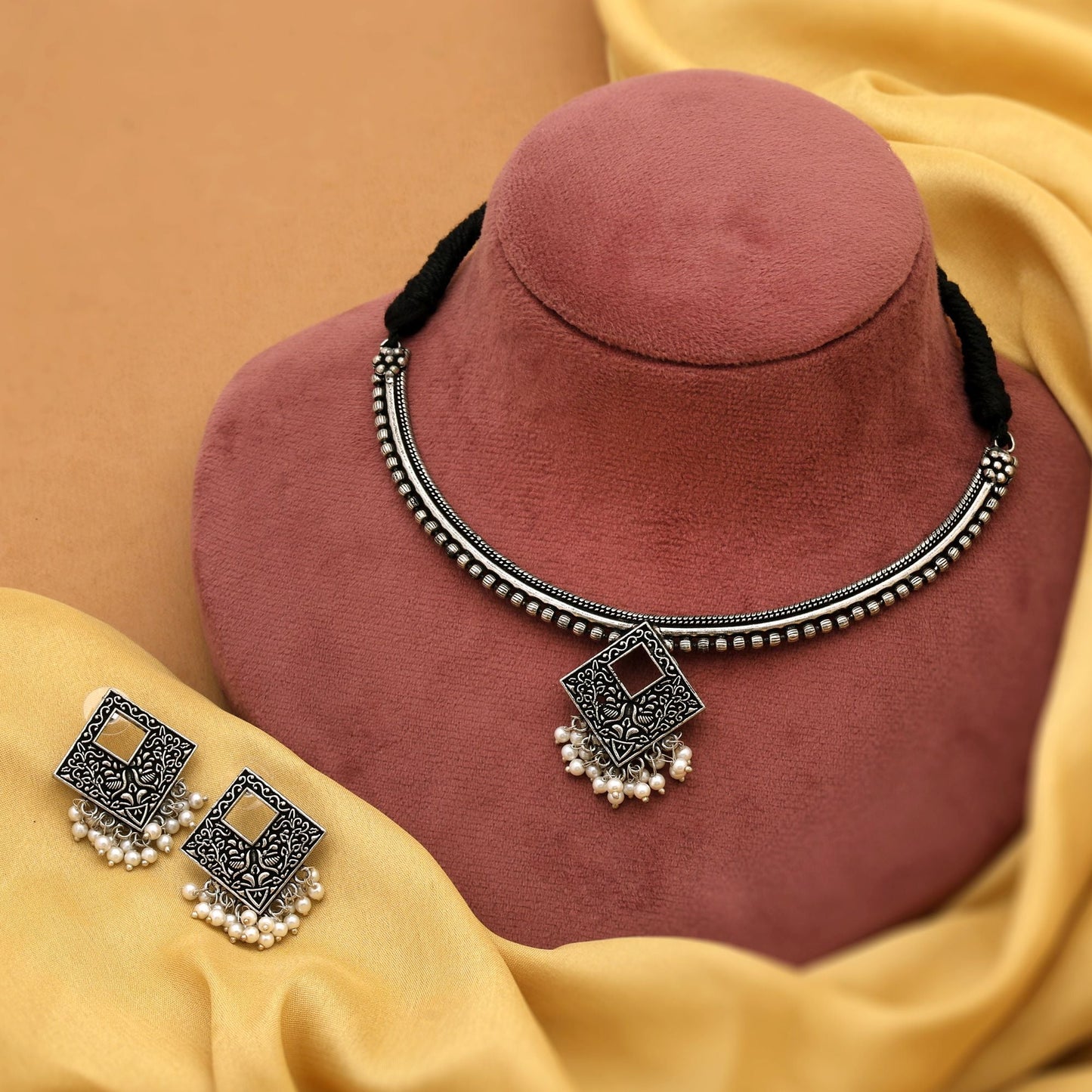 Elegant Silver Color Oxidised Necklace Set Designed For Daily Wear And Traditional Functions