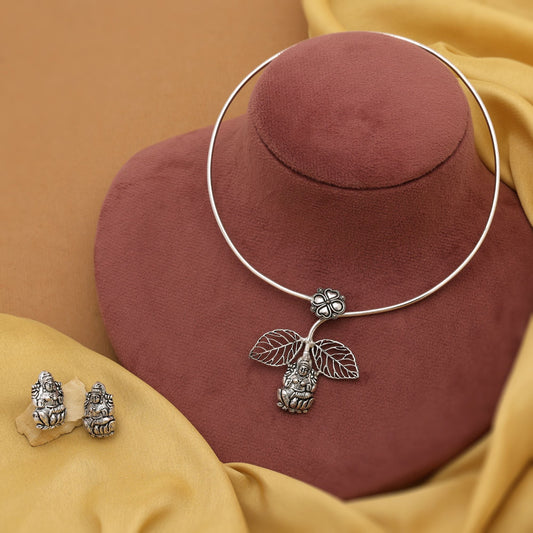 Silver Color Lord Laxmi Hasli Oxidised Necklace Set Perfect For Religious And Ethnic Occasions