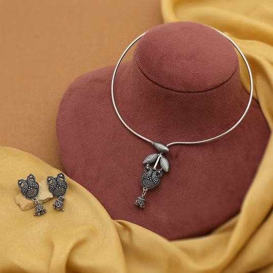 Stylish Silver Color Hasli Oxidised Necklace Set Designed For Women’S Ethnic Party Outfits