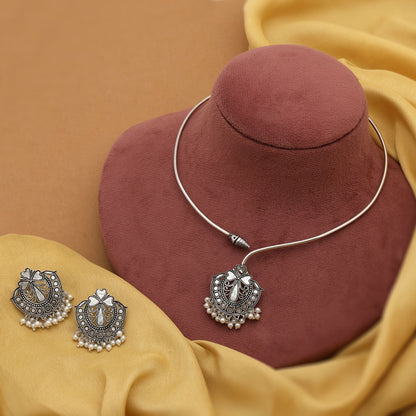 Classic Silver Color Hasli Oxidised Necklace Set Crafted For Weddings, Parties, And Festivals