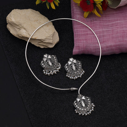 Classic Silver Color Hasli Oxidised Necklace Set Crafted For Weddings, Parties, And Festivals