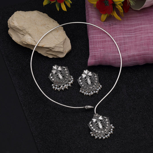 Classic Silver Color Hasli Oxidised Necklace Set Crafted For Weddings, Parties, And Festivals