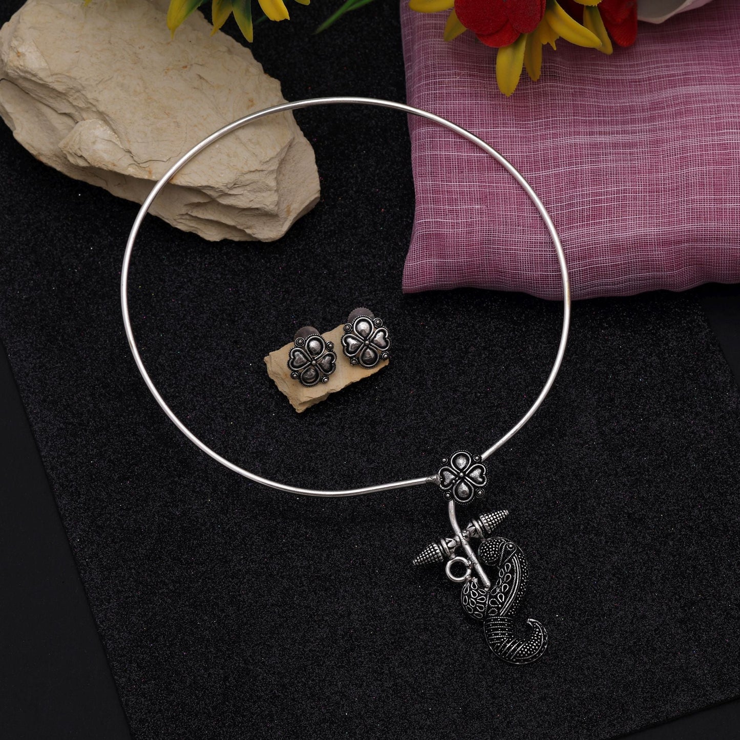 Elegant Silver Color Hasli Oxidised Necklace Set Perfect For Traditional And Cultural Styling