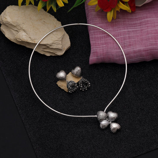 Gorgeous Silver Color Hasli Oxidised Necklace Set Designed For Bridal Jewelry And Ethnic Functions