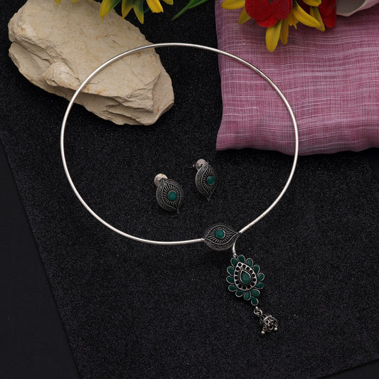 Exclusive Green Color Hasli Oxidised Necklace Set Crafted With Premium Handmade Artistic Jewelry Work