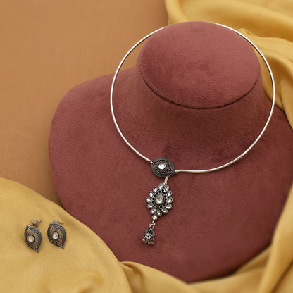 Stylish Silver Color Hasli Oxidised Necklace Set Designed For Women’S Party Wear And Cultural Dressing