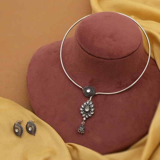 Stylish Silver Color Hasli Oxidised Necklace Set Designed For Women’S Party Wear And Cultural Dressing
