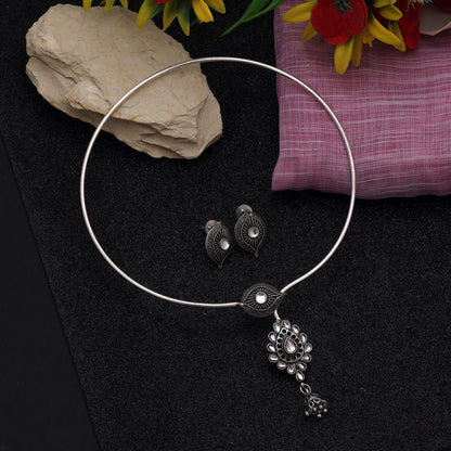 Stylish Silver Color Hasli Oxidised Necklace Set Designed For Women’S Party Wear And Cultural Dressing
