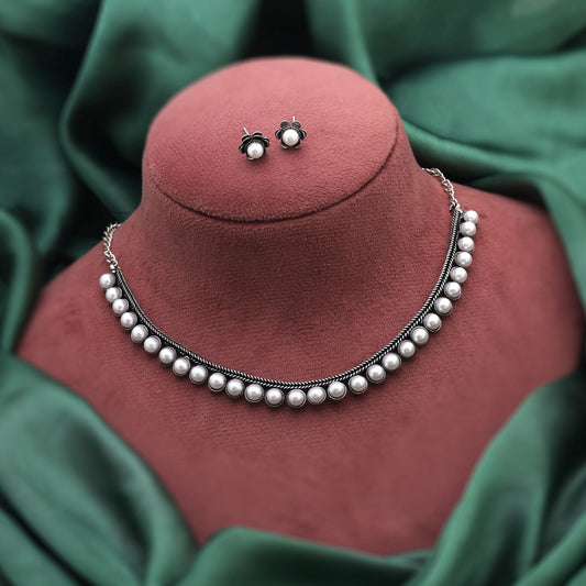 Classic Silver Color Oxidised Necklace Set Perfect For Festivals, Parties, And Wedding Occasions