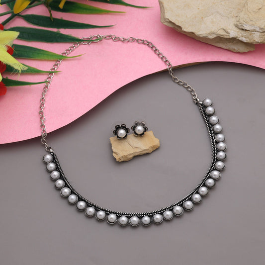 Classic Silver Color Oxidised Necklace Set Perfect For Festivals, Parties, And Wedding Occasions