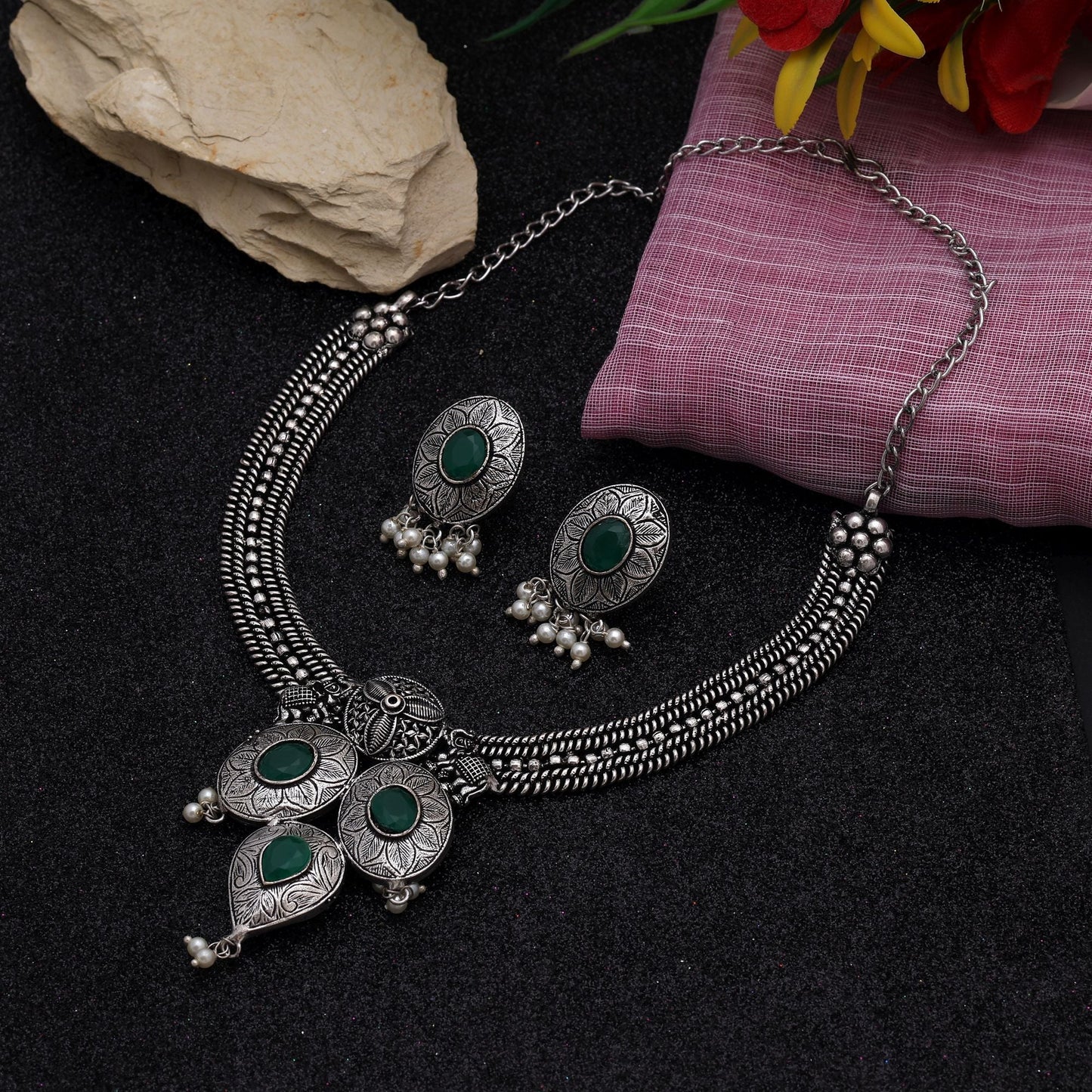 Gorgeous Green Color Oxidised Necklace Set Designed For Ethnic Fashion, Weddings, And Engagement Jewelry