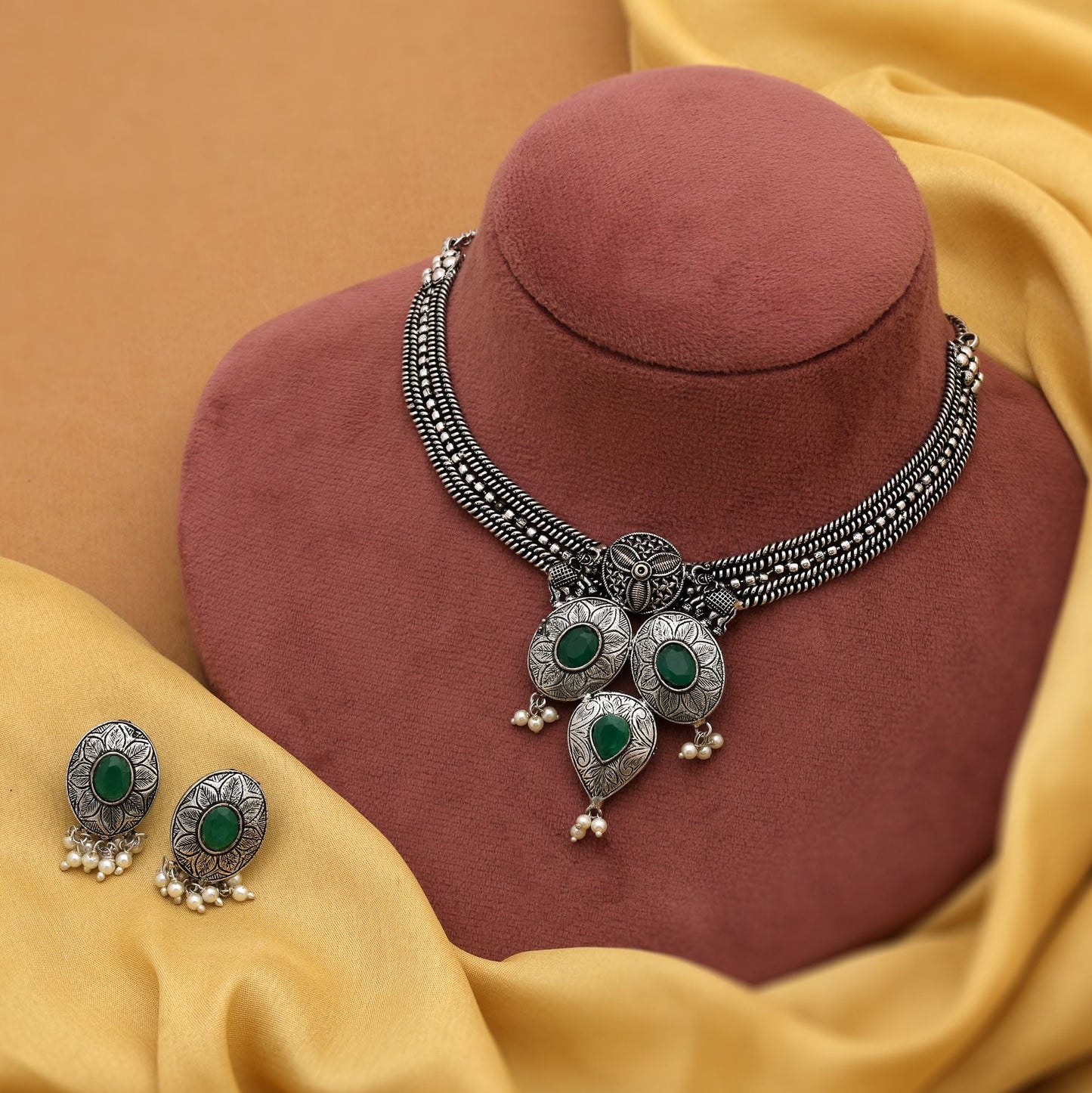 Gorgeous Green Color Oxidised Necklace Set Designed For Ethnic Fashion, Weddings, And Engagement Jewelry