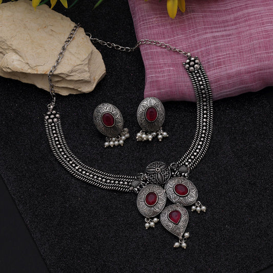 Attractive Rani Color Oxidised Necklace Set Crafted For Brides, Parties, And Traditional Festive Outfits