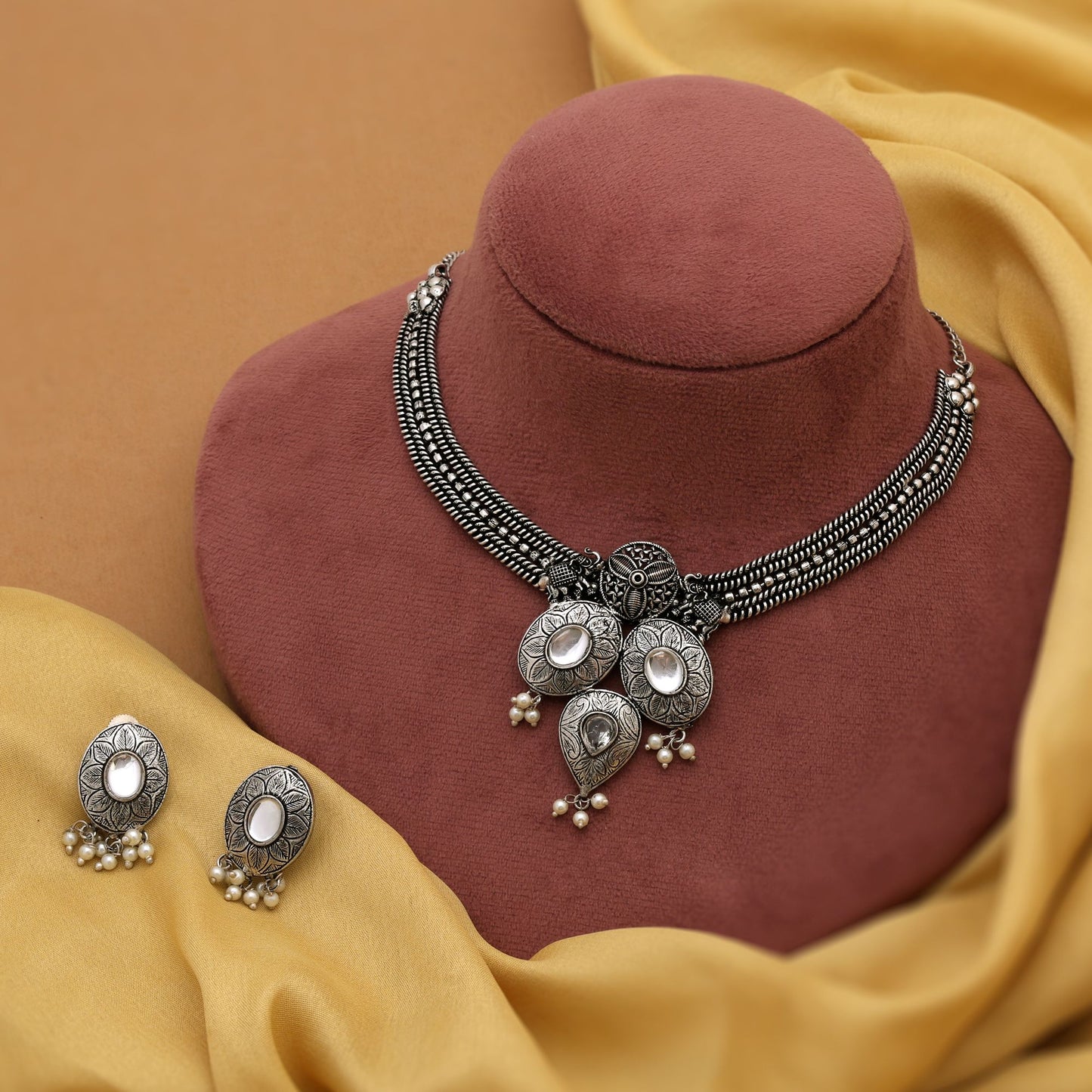 Elegant Silver Color Oxidised Necklace Set Crafted For Bridal Styling And Daily Fashion Jewelry