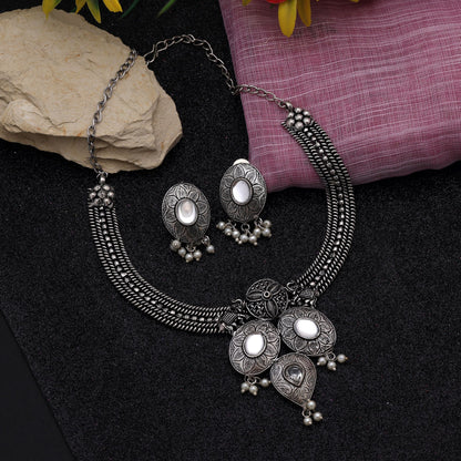 Elegant Silver Color Oxidised Necklace Set Crafted For Bridal Styling And Daily Fashion Jewelry