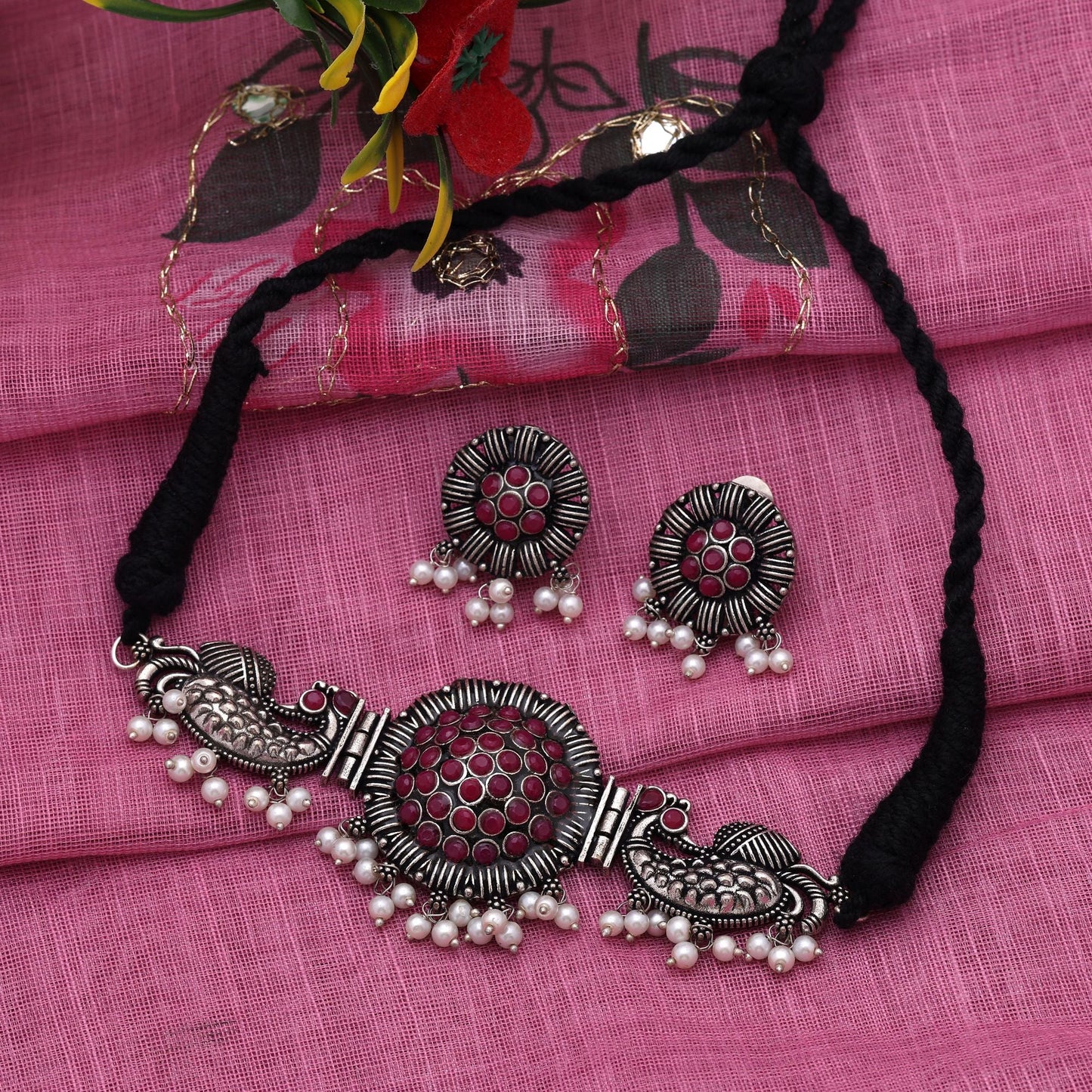Gorgeous Rani Color Oxidised Necklace Set Designed For Traditional Outfits, Parties, And Wedding Occasions