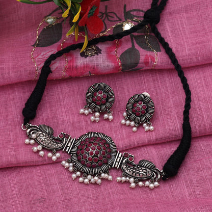 Gorgeous Rani Color Oxidised Necklace Set Designed For Traditional Outfits, Parties, And Wedding Occasions