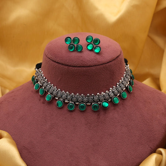 Elegant Green Color Oxidised Necklace Set Crafted For Bridal Fashion And Cultural Jewelry Styling