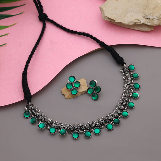 Elegant Green Color Oxidised Necklace Set Crafted For Bridal Fashion And Cultural Jewelry Styling