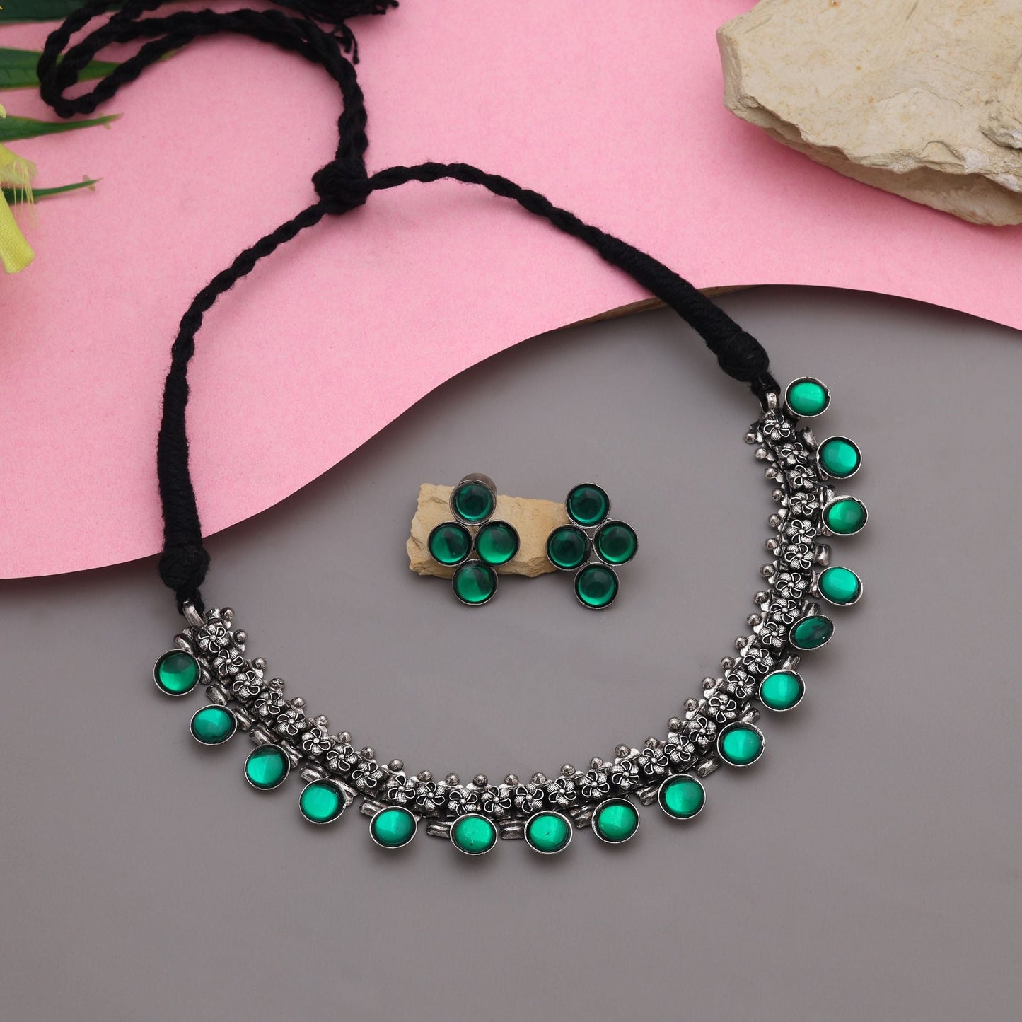 Gorgeous Green Color Oxidised Necklace Set Designed For Festivals, Engagements, And Traditional Styling