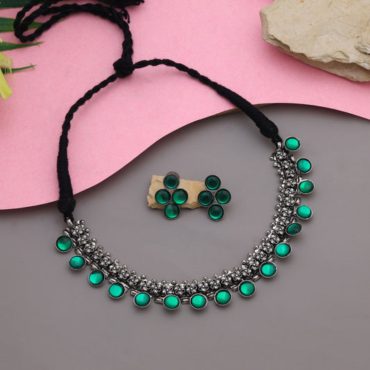 Gorgeous Green Color Oxidised Necklace Set Designed For Festivals, Engagements, And Traditional Styling